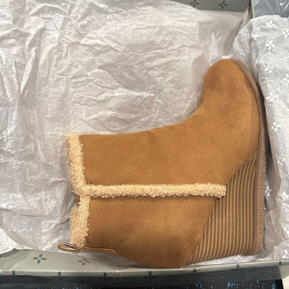 Women Sun + Stone Camillia Faux Suede Faux Fur HIgh Heel Wedge Booties - Picture 2 of 3